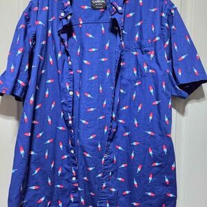 Carbon Men's XXL button down blue short sleeve rocket pop print shirt like new